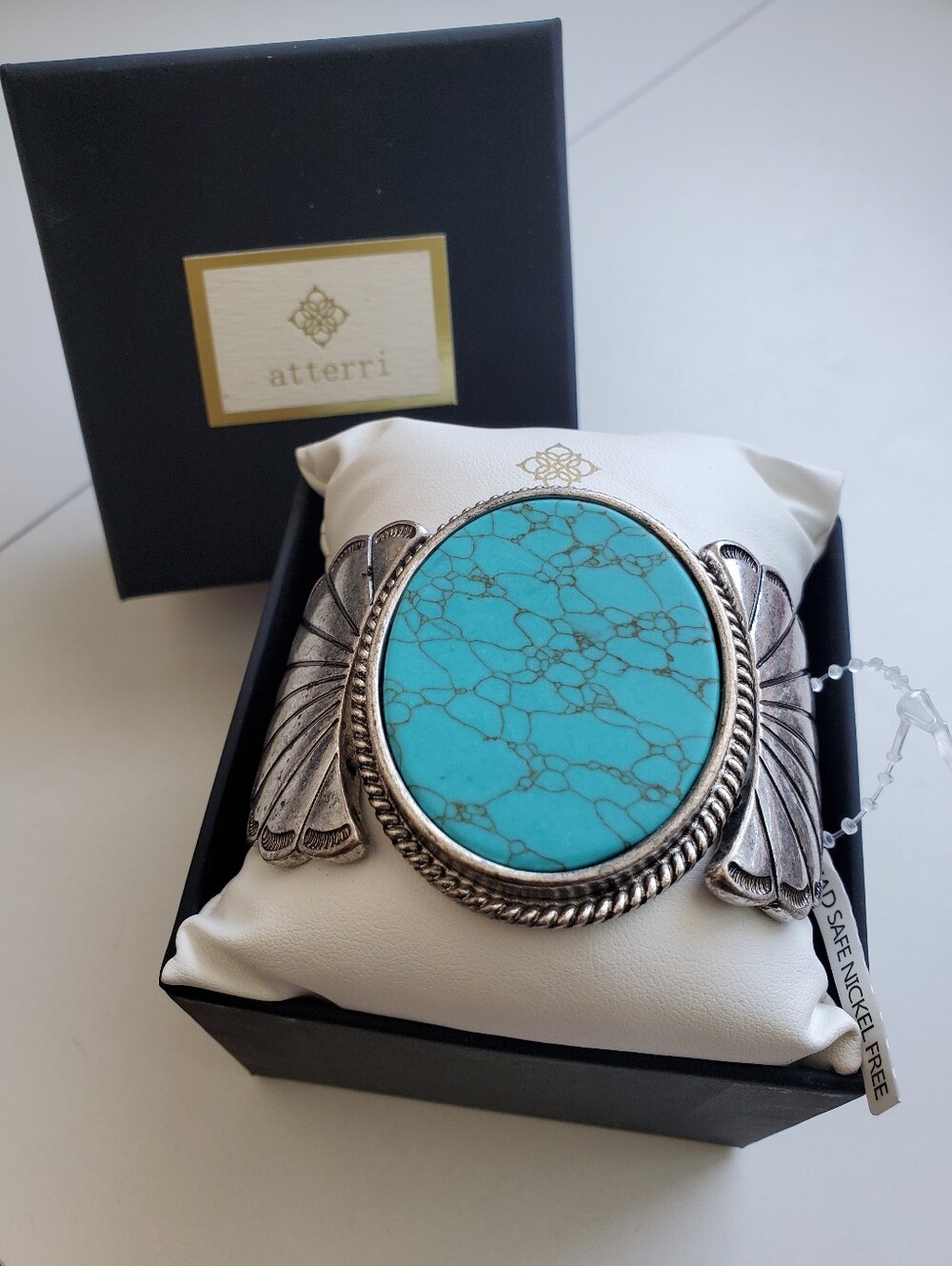 Atterri South Western Style Turquoise Wide Stone Cuff Stretch Bracelet